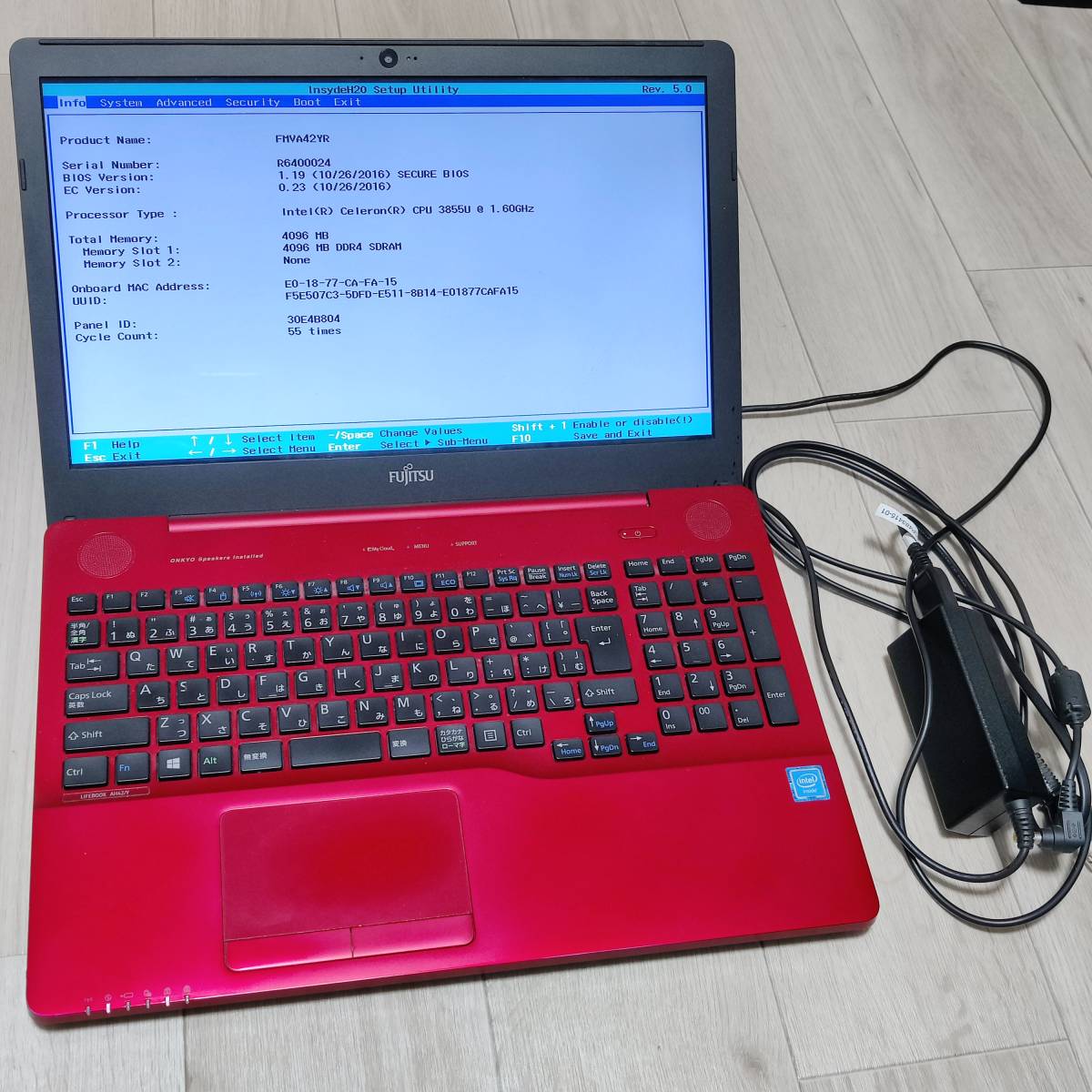 【JA6KWE】富士通 LIFEBOOK AH42/Y Celeron 3855U 4GB HTS541010A9E680 本体 充電器 ジャンク JUNK_画像6