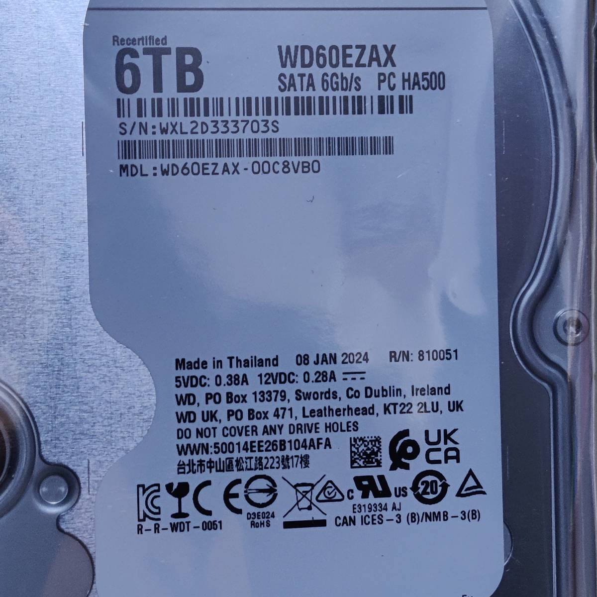 【33703S】WD BLUE WD60EZAX HDD 6TB 修理交換品_画像2