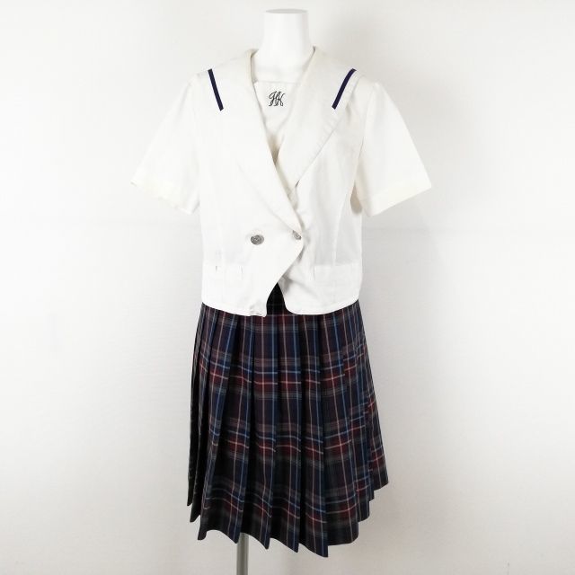 1円 セーラー服 チェックスカート 上下2点セット L 夏物 青1本線 女子 学生服 熊本秀岳館高校 白 コシノヒロコ 制服 中古 ランクC EY2174_画像1