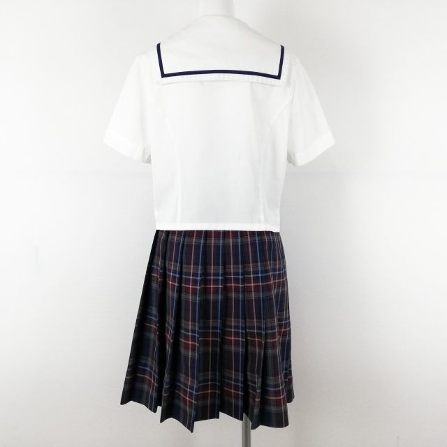 1円 セーラー服 チェックスカート 上下2点セット L 夏物 青1本線 女子 学生服 熊本秀岳館高校 白 コシノヒロコ 制服 中古 ランクC EY2174_画像2