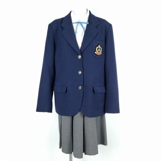 1円 ブレザー チェックスカート 紐タイ 上下4点セット 3L 大きいサイズ 冬物 女子 学生服 中学 高校 紺 制服 中古 ランクC EY2447_画像1