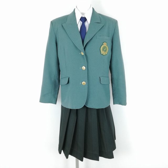 1円 ブレザー スカート ネクタイ 上下4点セット 指定 M 大きいサイズ 冬物 女子 学生服 大阪国際滝井高校 緑 制服 中古 ランクC EY3682_画像1