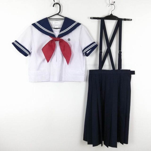 1円 セーラー服 スカート スカーフ 上下3点セット L 大きいサイズ 夏物 白2本線 女子 学生服 佐賀大和中学 白 制服 中古 ランクC EY3829_画像1