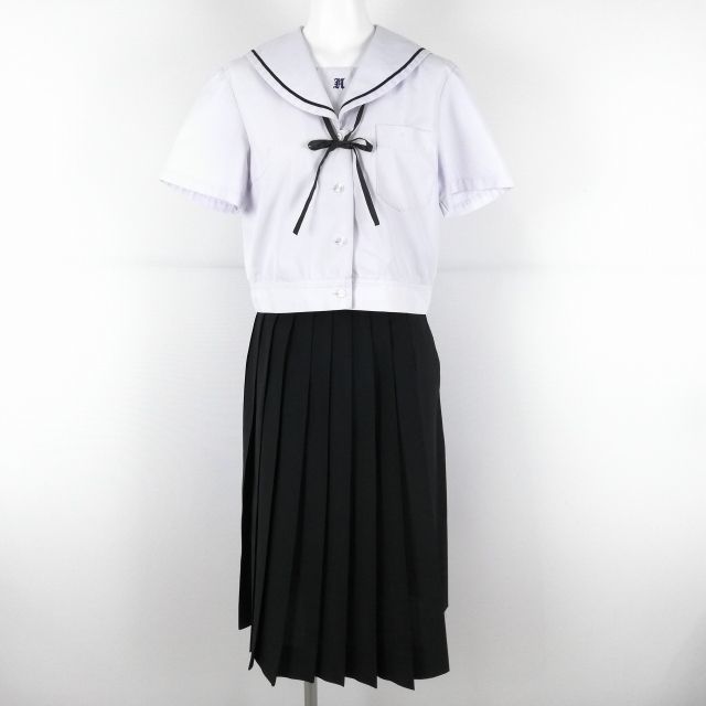 1円 セーラー服 スカート 紐タイ 上下3点セット 夏物 青1本線 女子 学生服 熊本長嶺中学 白 制服 中古 ランクC EY3856_画像1