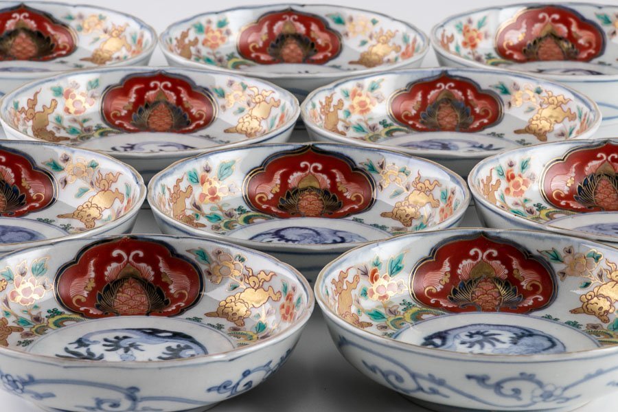 【大聖寺伊万里】『 金襴手唐獅子牡丹文なます皿 10客 明治時代 16162 』 料亭 日本料理 懐石 和食器 焼物 陶芸 磁器 陶器 器 陶磁器_画像2