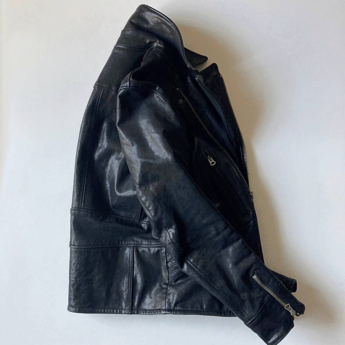 R.NEWBOLD/アールニューボールド ポールスミス ゴートレザーダブルライダースジャケット L 黒 中綿入り LEATHER RIDERS JACKET 山羊革 本革_画像6