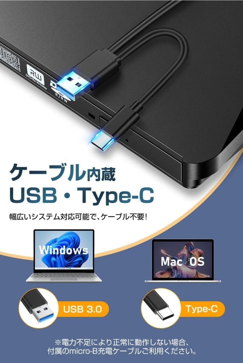 DVDドライブ 外付け 【6In1新モデル・多機能・USB3.0】 CD/DVDプレイヤー 薄型 ポータブルドライブ typeC/USBポート 静音 高速 軽量 外付け_画像4