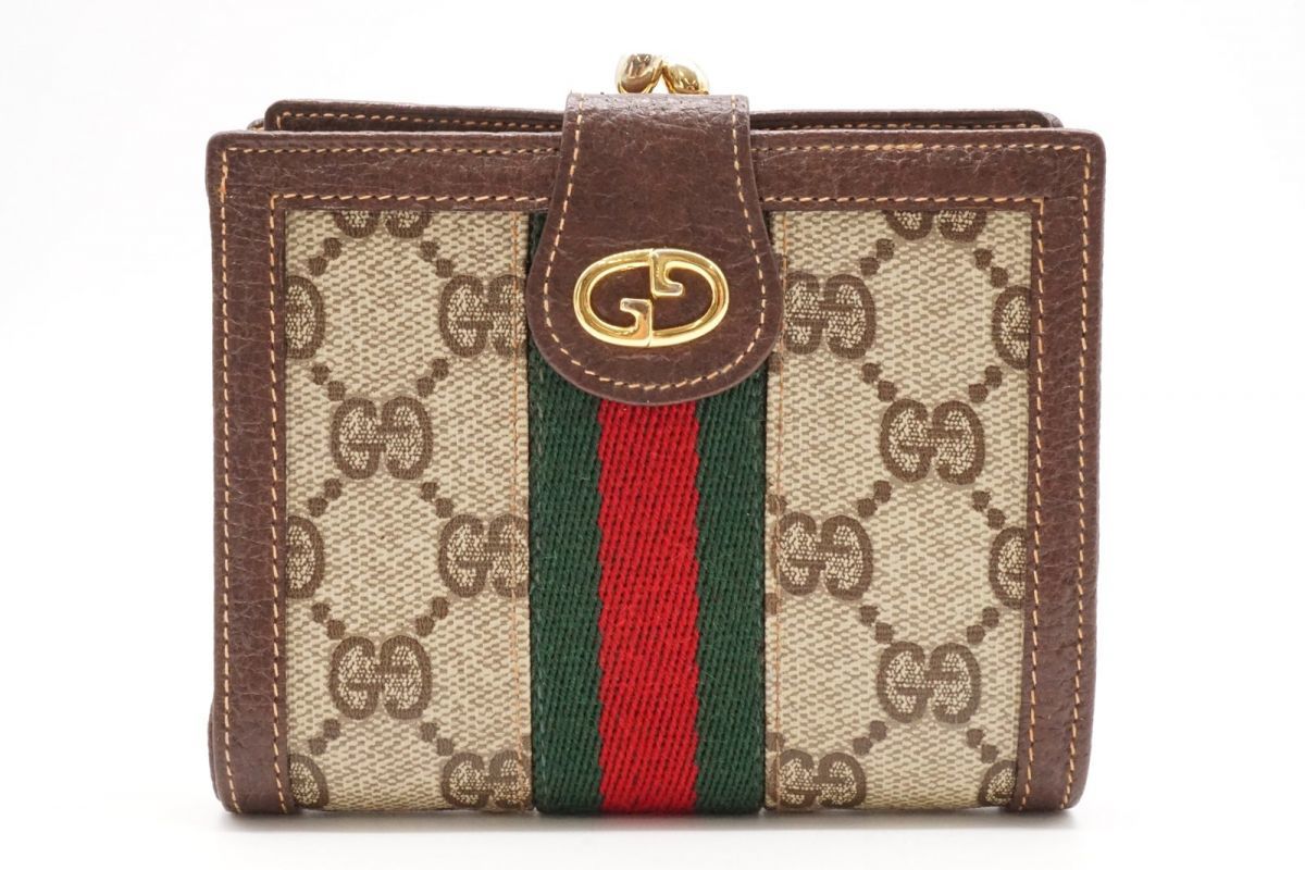 オールド グッチ ヴィンテージ シェリー 二つ折り 財布 GGプラス がま口 Unisex PVCレザー 茶 ブラウン 美品 GUCCI 7500k_画像1