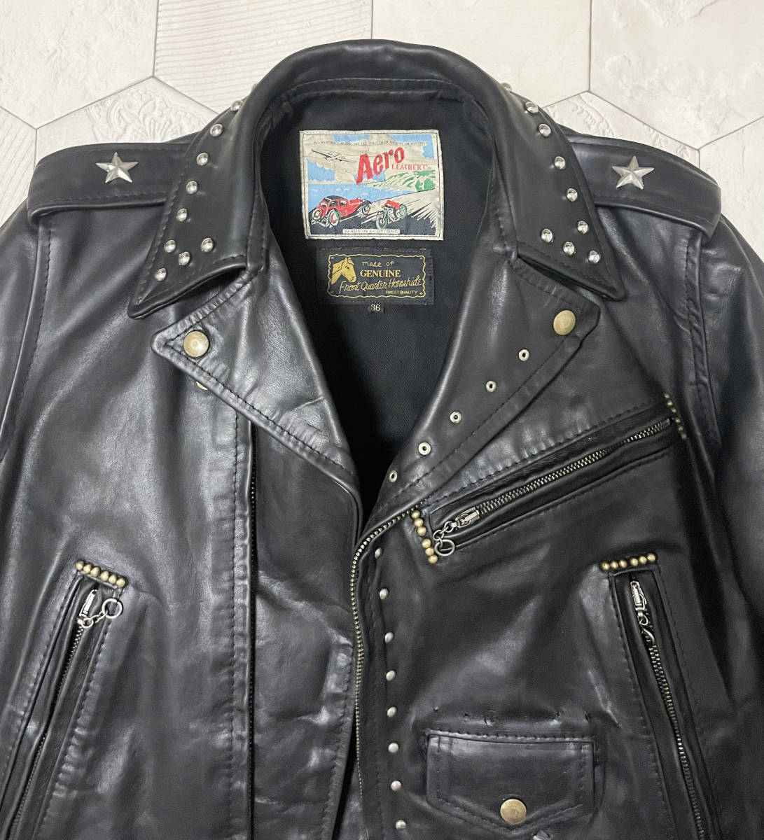 90s ヴィンテージ 英国製 エアロレザー【AERO LEATHER】馬革 Motorcycle Jacket スタッズ装飾 ダブルライダースジャケット 茶芯 36/S-M_画像6