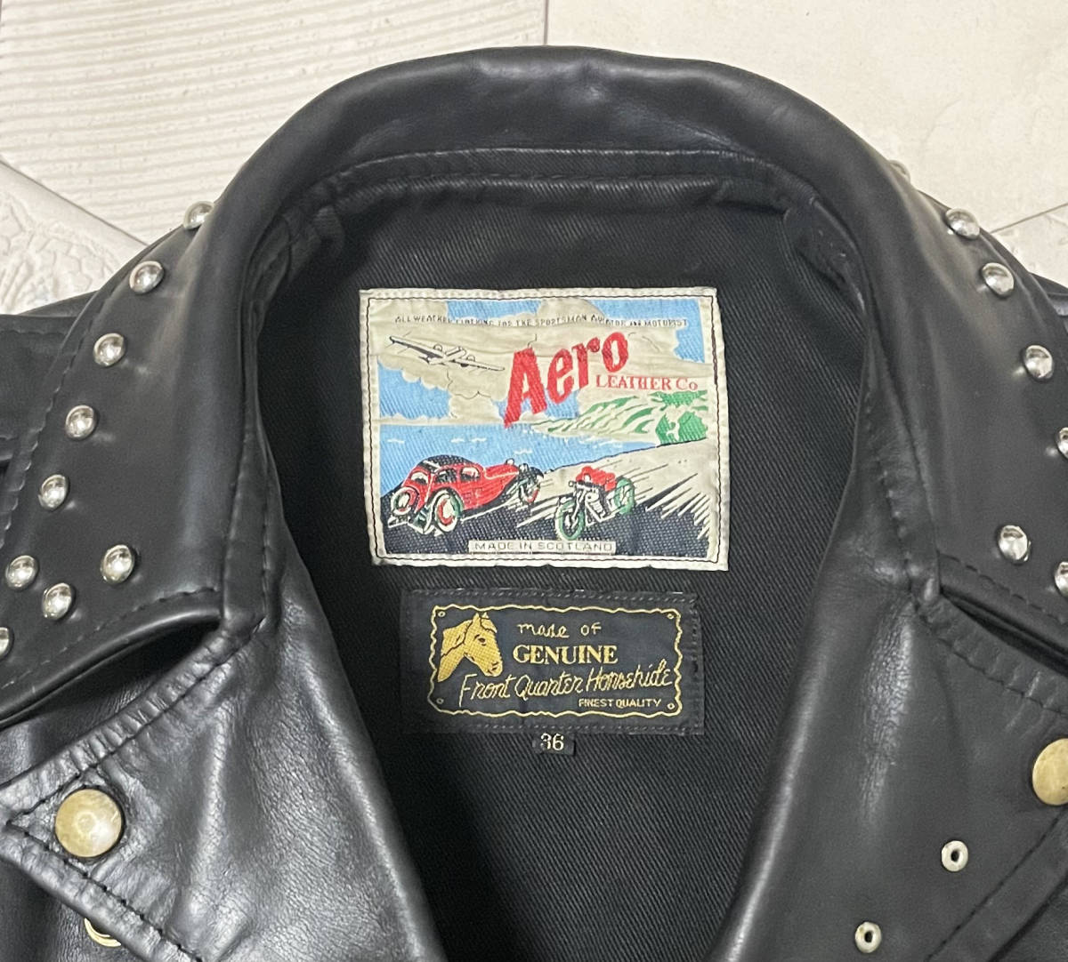 90s ヴィンテージ 英国製 エアロレザー【AERO LEATHER】馬革 Motorcycle Jacket スタッズ装飾 ダブルライダースジャケット 茶芯 36/S-M_画像7