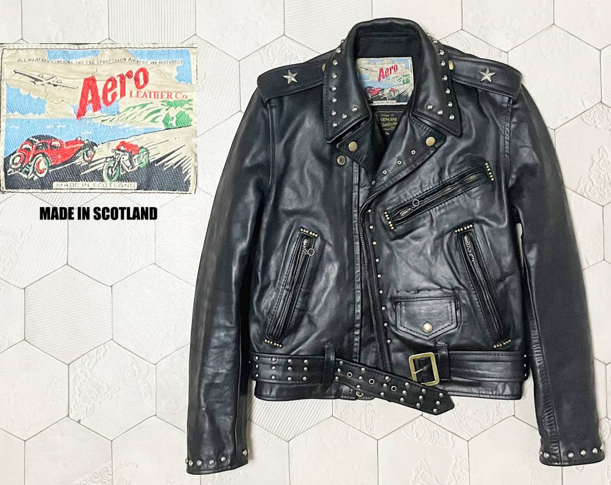 90s ヴィンテージ 英国製 エアロレザー【AERO LEATHER】馬革 Motorcycle Jacket スタッズ装飾 ダブルライダースジャケット 茶芯 36/S-M_画像1