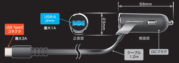 DC charger USB1 port 4A Type-C smartphone charge 12/24V black in car cigar socket flat cable Kashimura DC-016