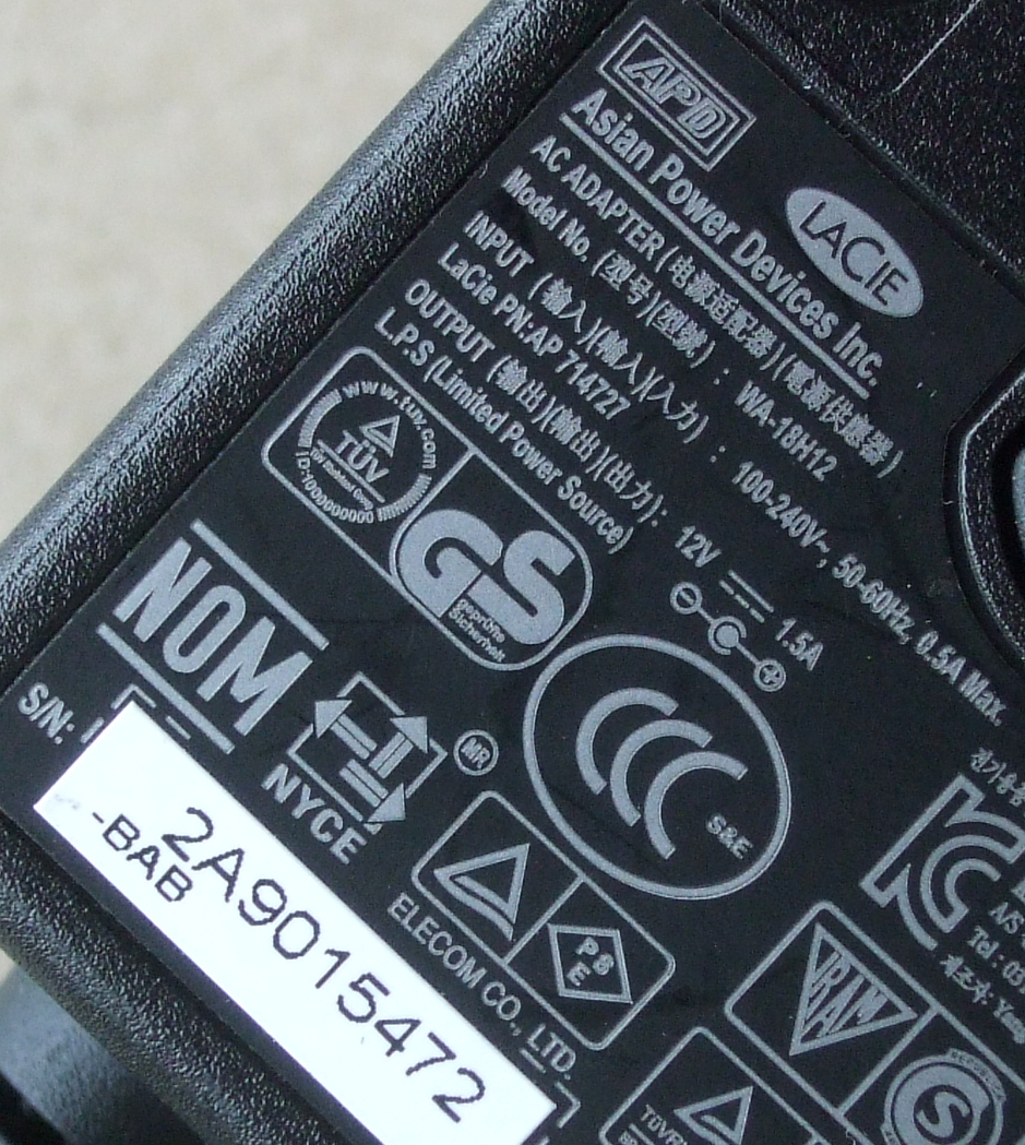 送料無料 LACIE ラシー ELECOM エレコム APD 純正 ACアダプター WA-18H12 センタープラス 12V 12.0V 1.5A 1500mA ピン無し 5.5mm 2.5mm_画像2