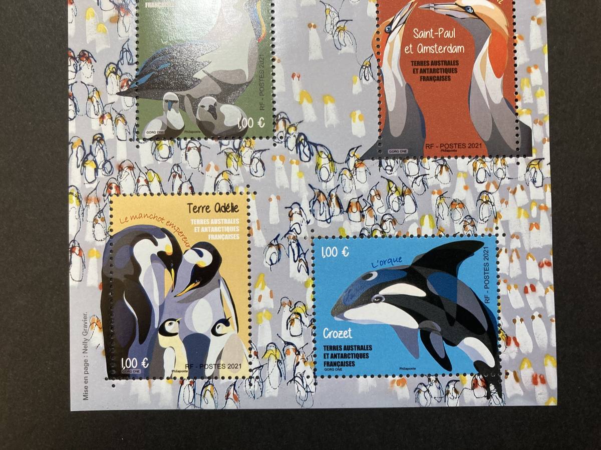 外国切手（未使用）仏領南方・南極地域 2021年発行 フランス領南方・南極地域のイメージ 5種小型シート - 鳥 ペンギン シャチ 生き物 絵画_画像3