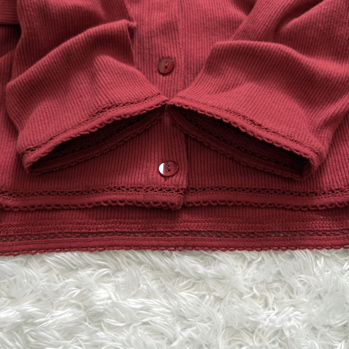 ローラアシュレイ カーディガン 赤 長袖 薄手 コットン リブ 縁飾り カットワーク クルーネック LARGE 大きいサイズ