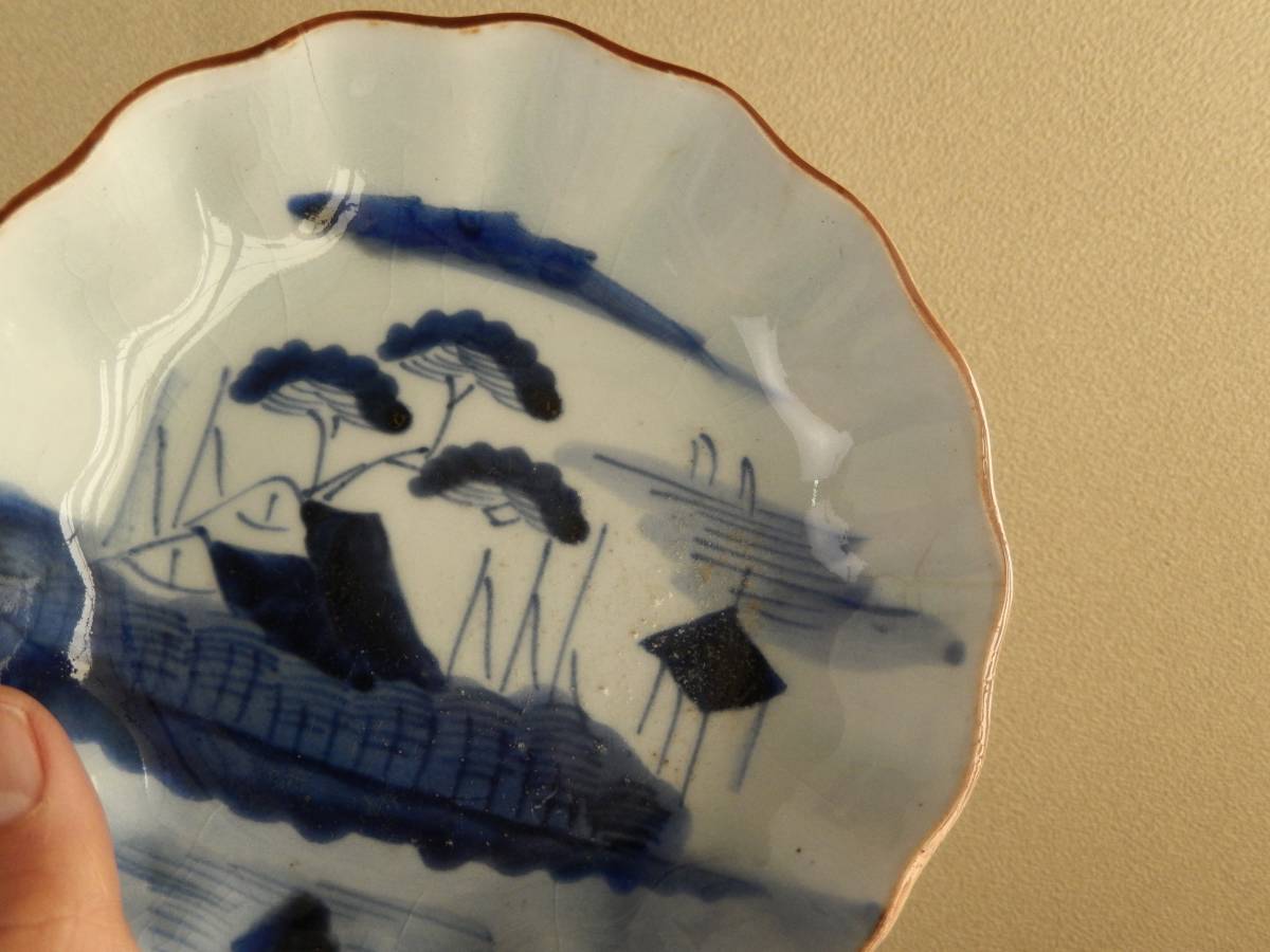 [OAN] старый Imari белый фарфор с синим рисунком пейзаж документ . тарелка 6 шт. комплект антиквариат старый изобразительное искусство старый инструмент .. старый .. чайная посуда . камень старый . первый период Imari S242107