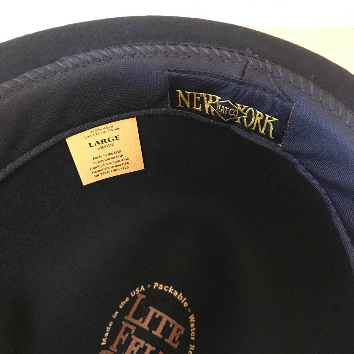 【極美品/フェルトのフェドラ】New York Hat 新品同様 ニューヨークハット Lite Felt Pinched Stingy フェドラ ブラック L 58.5cm 米国製_画像6