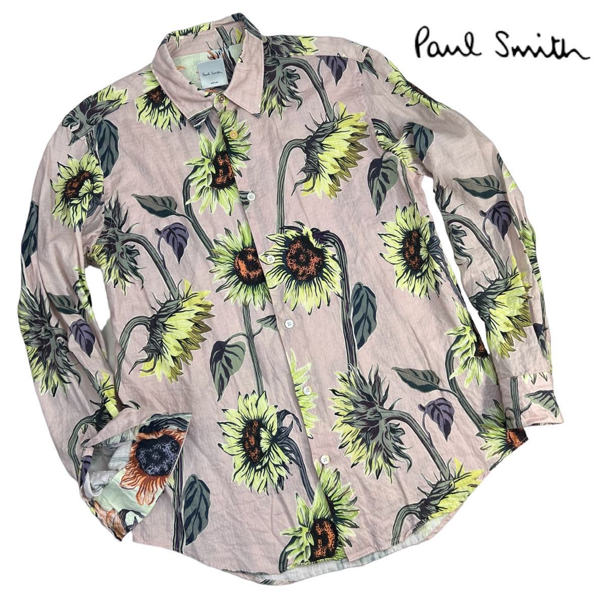 定価/28,600- 極美品 Paul Smith ポールスミス サンフラワーシャツ サイズM ピンク 美シルエット ヒマワリ 2022SS 保管シワ有 上質 A2180_画像1