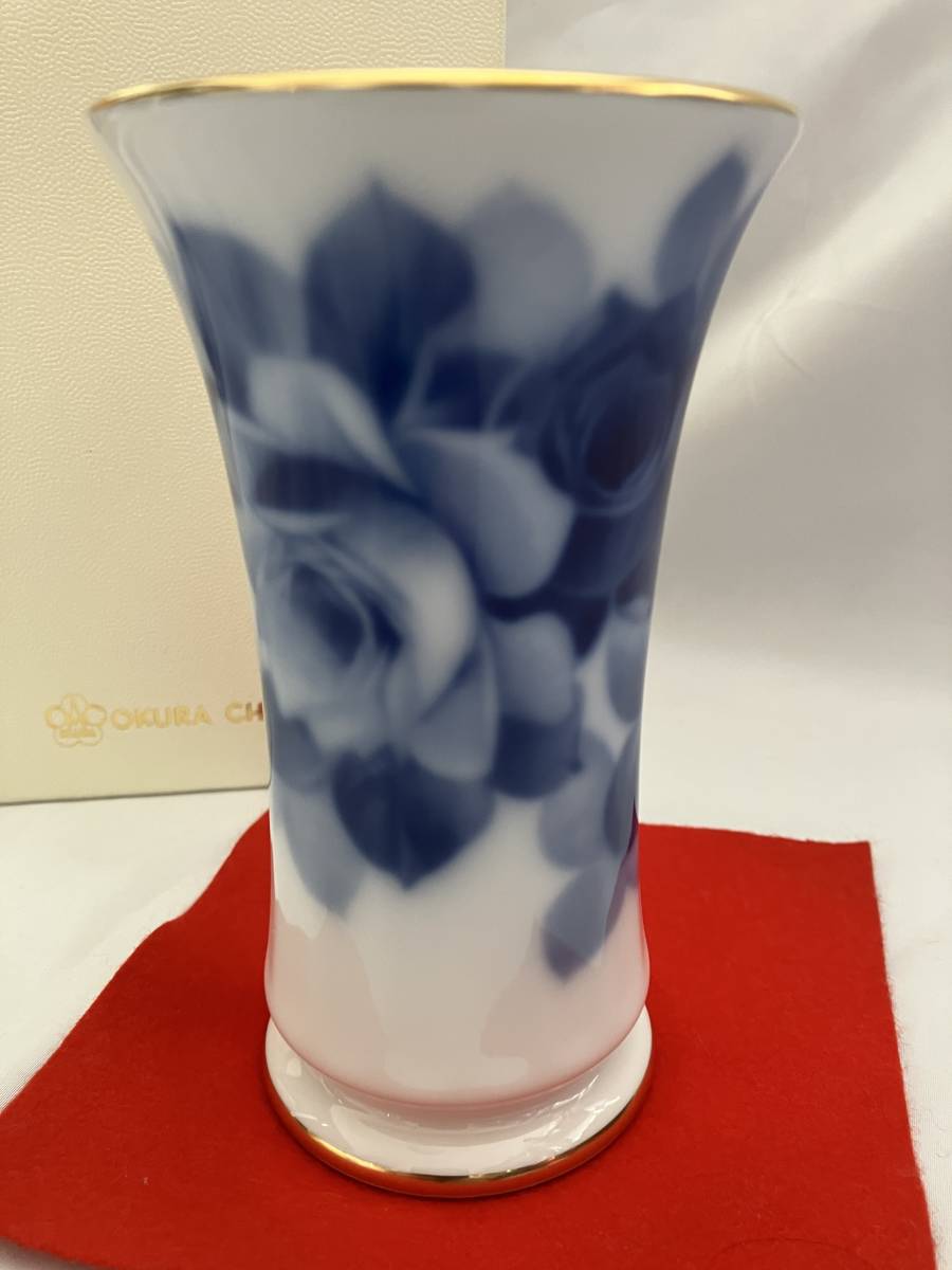 大倉陶園　ブルーローズ　15cm　花生　金彩　花瓶　箱あり　OKURA_画像4