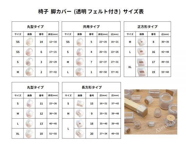 椅子 脚 カバー キャップ シリコン フローリング傷付防止 クリア /フェルト付き 共用(NO.7 Mサイズ ) 16個セット_画像8