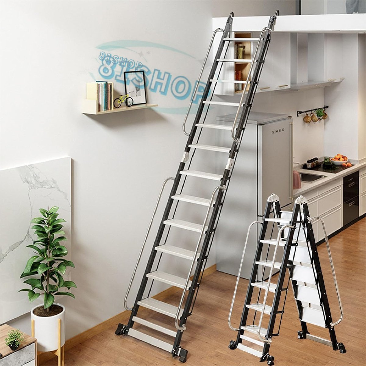 [81SHOP] крыша обратная сторона лестница aluminium сплав loft лестница лестница поручень имеется для бытового использования складной лестница легкий многофункциональный безопасность фиксация крюк широкий. педаль 10 уровень 