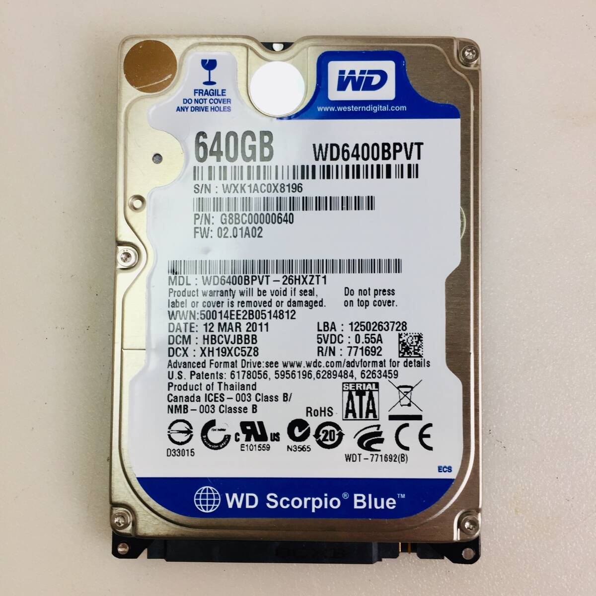 □1036時間 Western Digital WD Biue VD6400BPVT 2.5インチHDD 『正常判定』 640GB_画像1