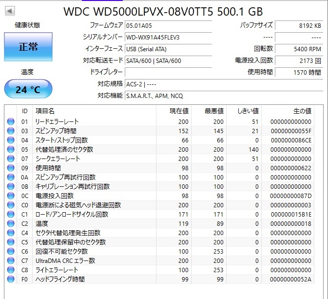 □1570時間 Western Digital WD Blue WD5000LPVX 2.5インチHDD 『正常判定』 500GB_画像5