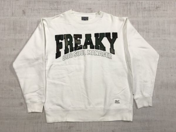 フリーキーマッシブ FREAKY MASSIVE オールド アメカジ ストリート ヒップホップ スウェット トレーナー メンズカモフラ迷彩ロゴ刺繍 L 白_画像1