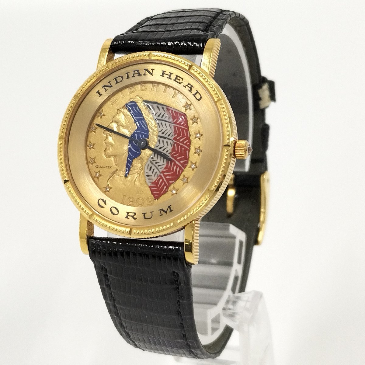 ●CORUM コルム インディアンヘッド コインウォッチ K18 ダイヤ 腕時計 ゴールド文字盤 クォーツ 中古[ne]u559_画像1