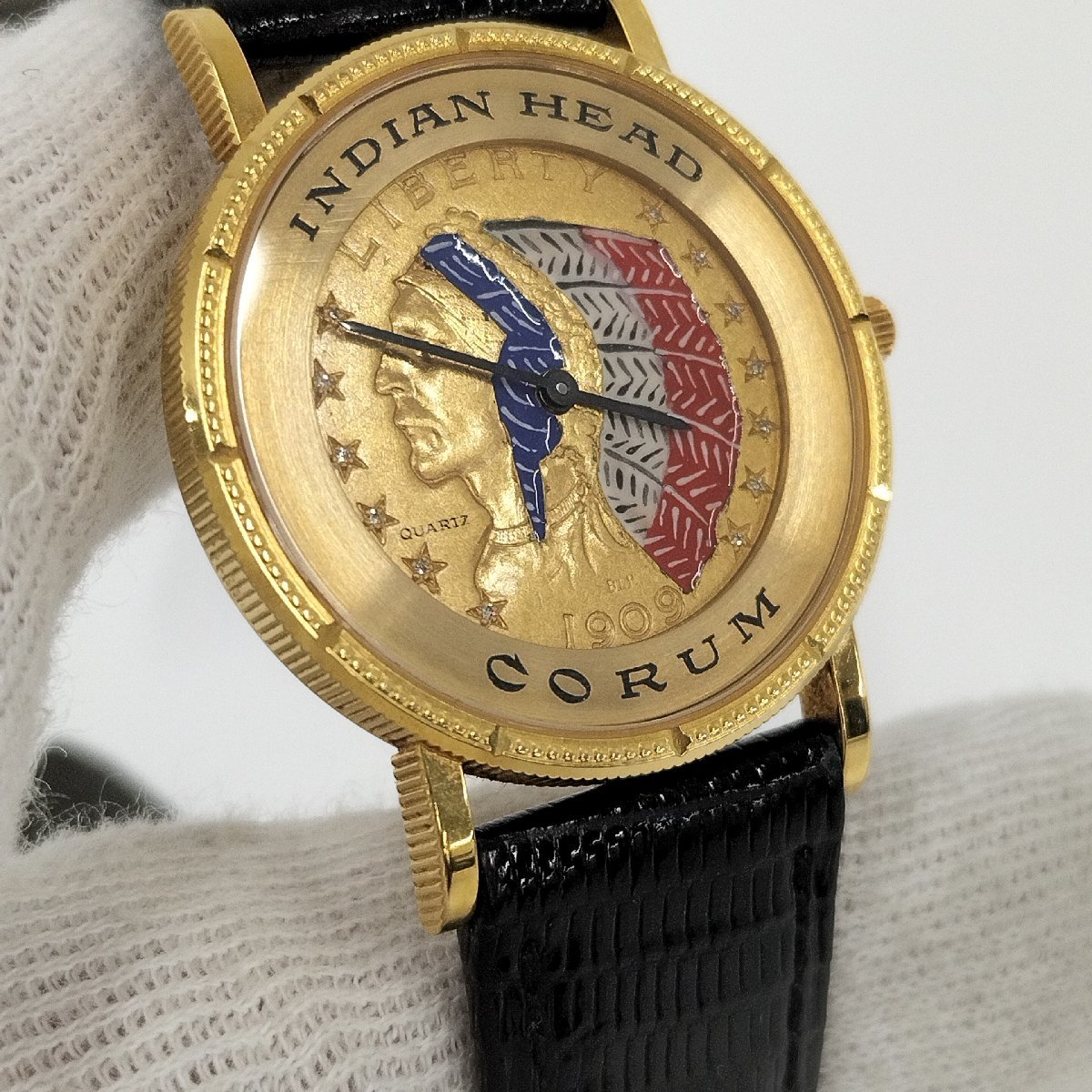 ●CORUM コルム インディアンヘッド コインウォッチ K18 ダイヤ 腕時計 ゴールド文字盤 クォーツ 中古[ne]u559の画像8
