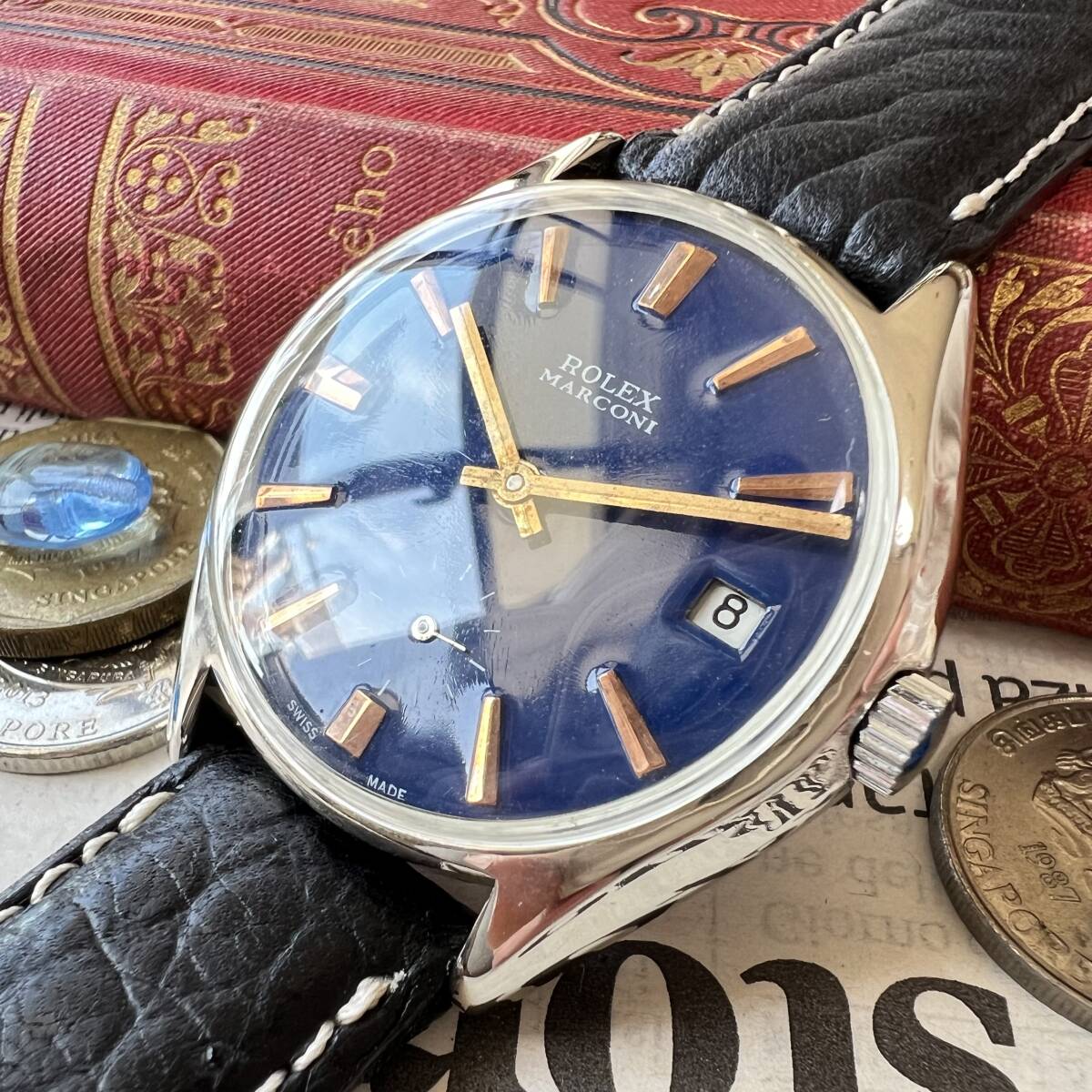 rolex ロレックス マルコーニ 1910 ブルーダイヤル ステンレス 手巻き 動作良好 デイト メンズ腕時計の画像1