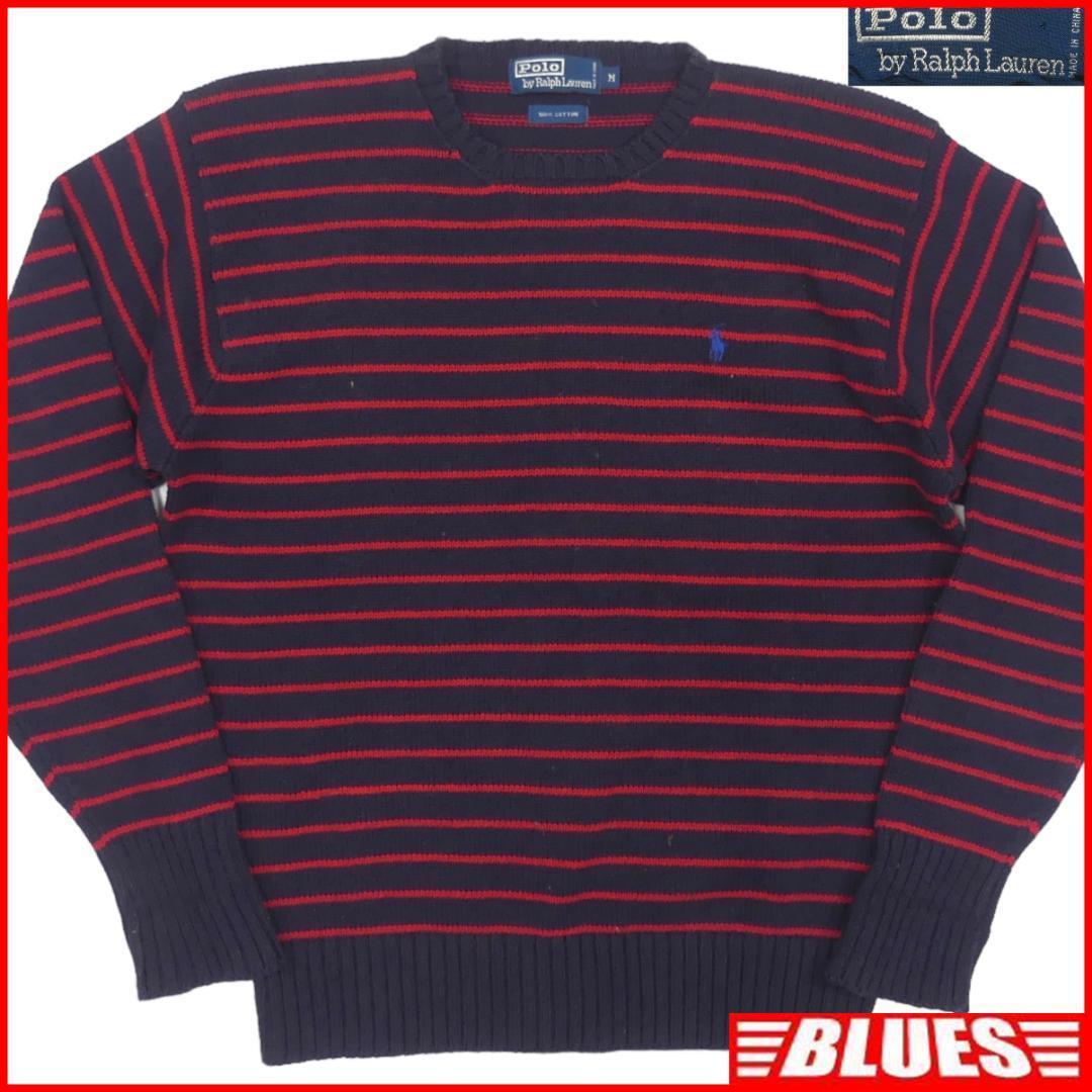 即決★POLO RALPH LAUREN★メンズM ニット セーター ラルフローレン 赤 ボーダー 紺 ヴィンテージ 古着 90~00’s_画像1