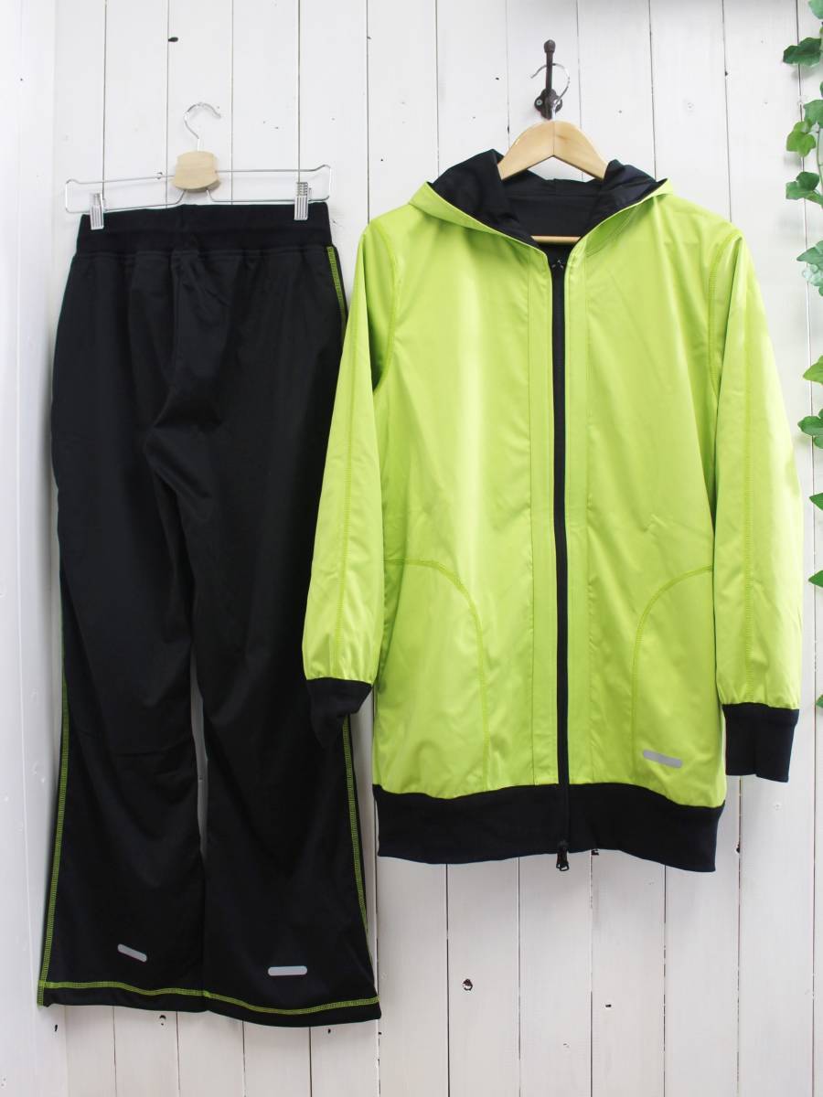 новый товар * двусторонний костюм-сауна длинный длина Parker + брюки (LL) женский тренировка одежда / черный × lime 