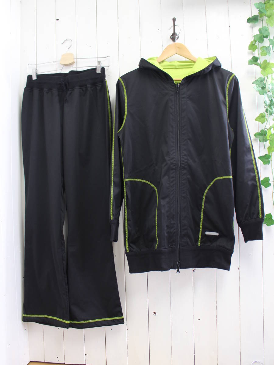  новый товар * двусторонний костюм-сауна длинный длина Parker + брюки (LL) женский тренировка одежда / черный × lime 