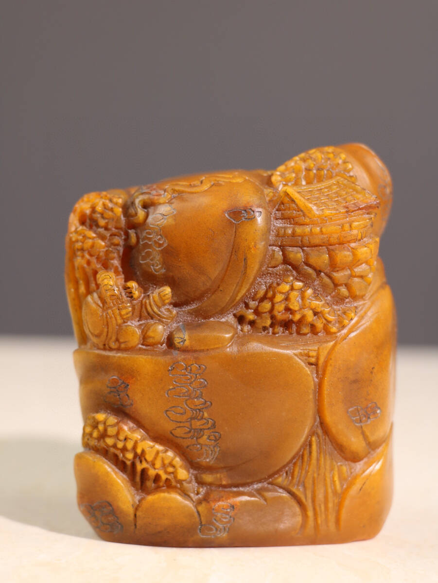 蔵友館蔵品・寿山石・田黄石・細密彫・攜童觀景紋印章】・希少 蔵友館蔵品・寿山石・田黄石・細密彫・攜童觀景紋印章】・希少