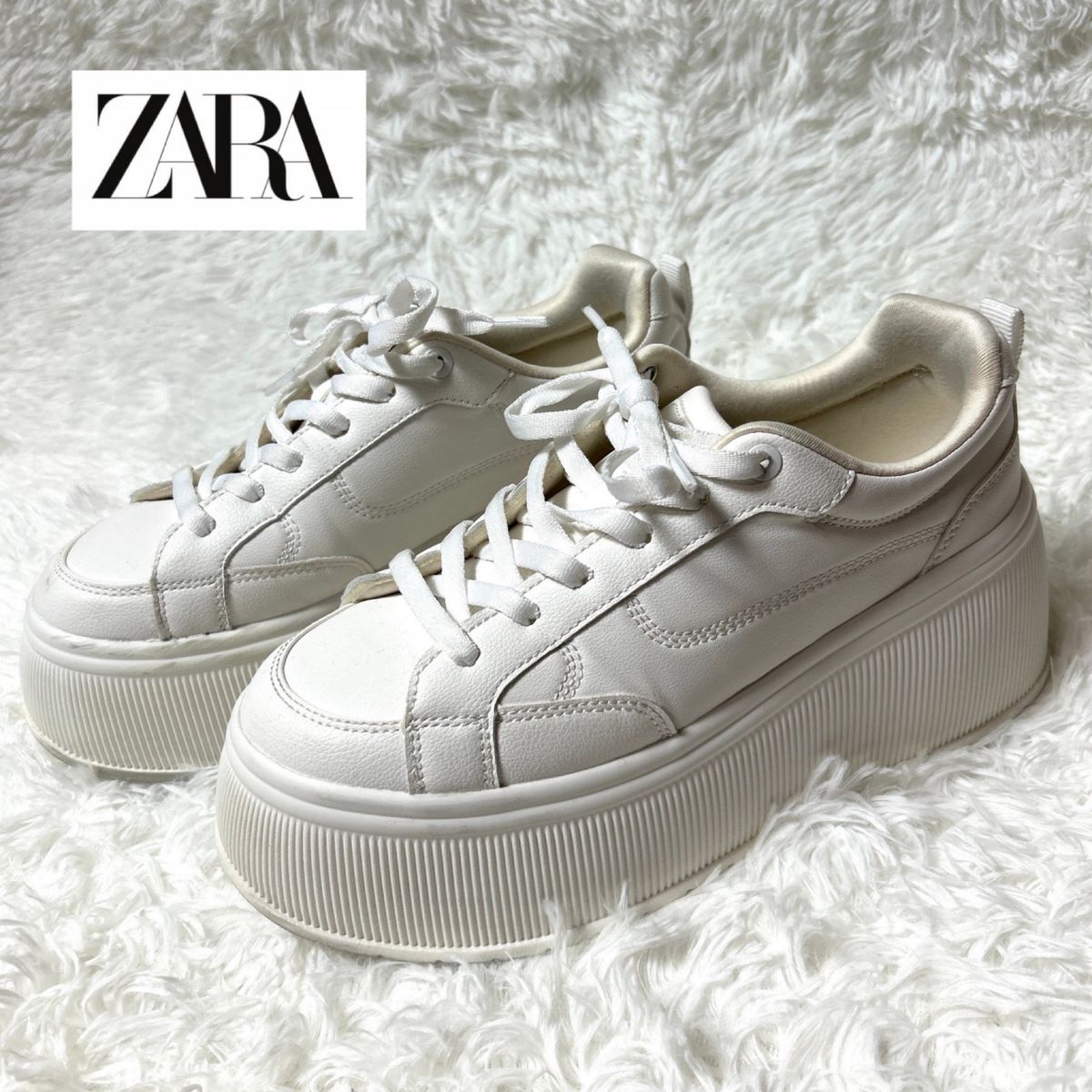 ZARA】大人気 ザラ 38プラットフォームスニーカー 厚底 ホワイト ZARA】大人気 ザラ 38プラットフォームスニーカー 厚底 ホワイト