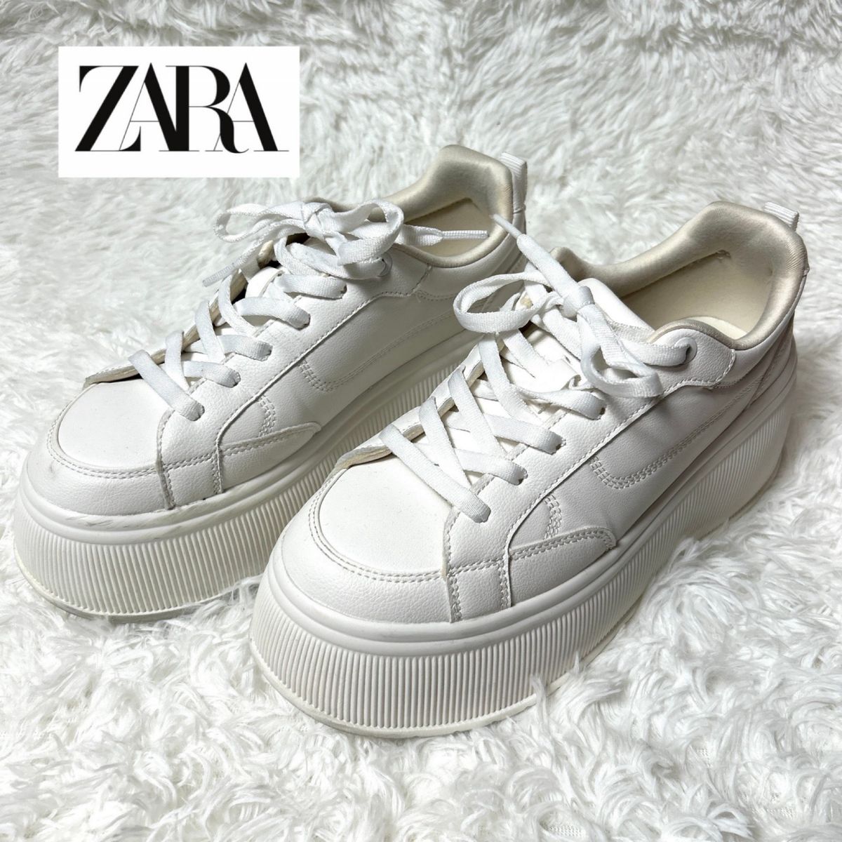 ZARA】大人気 ザラ 38プラットフォームスニーカー 厚底 ホワイト ZARA】大人気 ザラ 38プラットフォームスニーカー 厚底 ホワイト