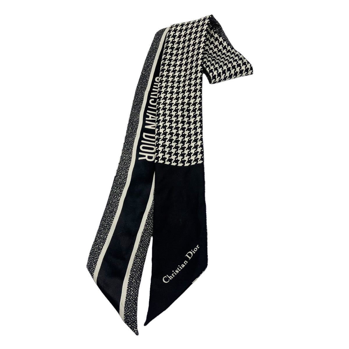 【良品】クリスチャンディオール Christian Dior 30 MONTAIGNE ミッツァ シルク スカーフ 千鳥柄 ブラック