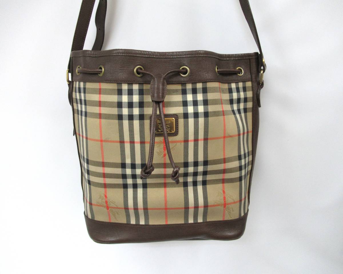 １円★中古【BURBERRY】バーバリー ショルダーバッグ 巾着バッグ ノバチェック ベージュ レディース ブランドバッグ _画像2