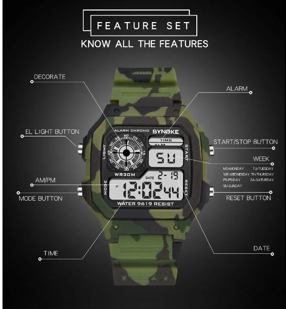 送料無料　SYNOKE　カモフラージュグリーン　ミリタリーデジタル時計　スポーツ防水 スクエア　ウォッチ メンズ腕時計　Camouflage green_画像6