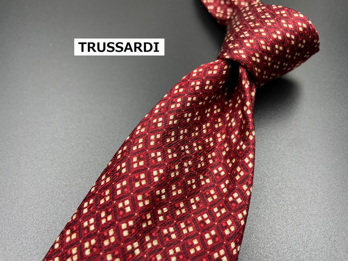 【超美品】TRUSSARDI　トラサルディ　ロゴ＆ドット柄　ネクタイ　3本以上送料無料　ワインレッド　0204166_画像1