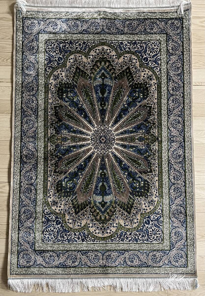 イラン産　高級ペルシャ絨毯　総シルク　手織り　最高峰225万ノット　101×152cm #15_画像2