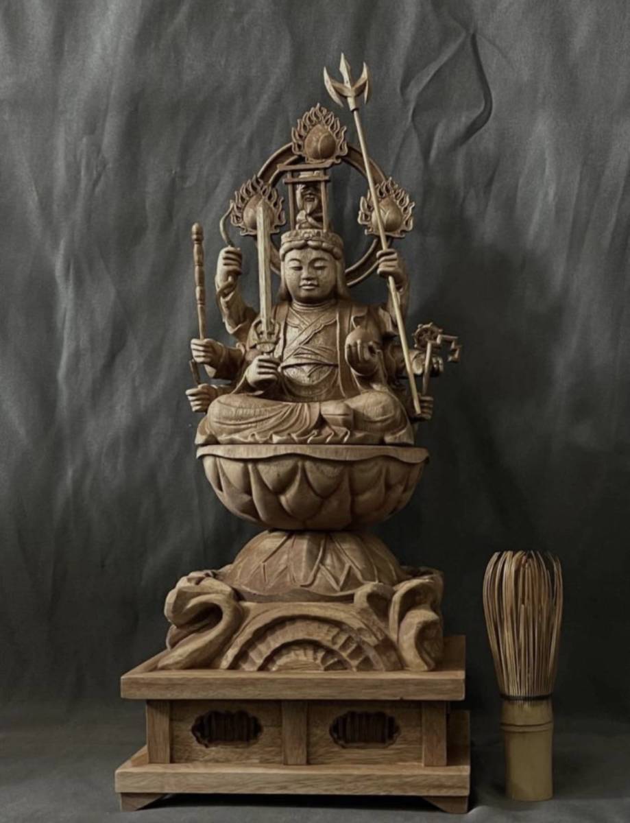 高34cm仏教工芸品　総楠製　井波彫刻　極上彫　木彫仏像　八臂弁財天座像