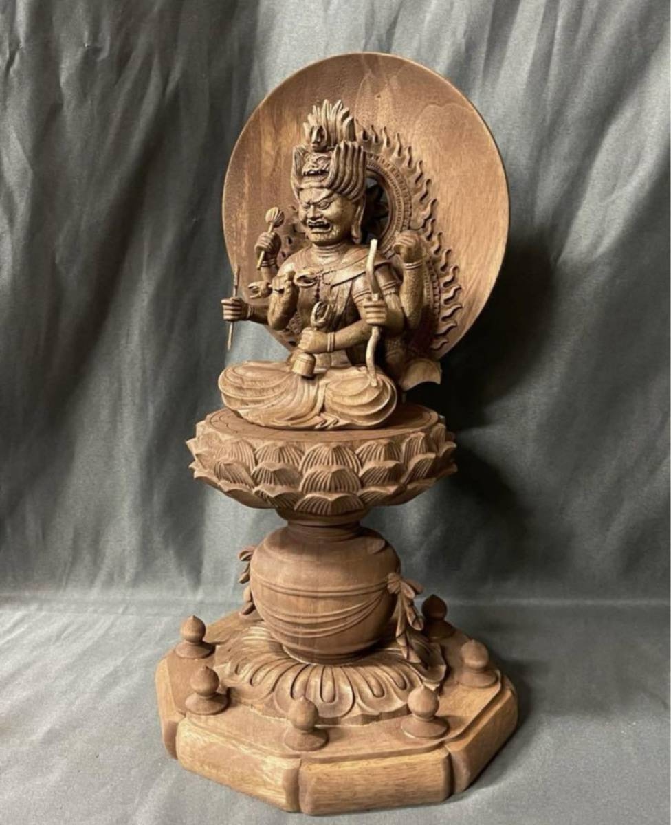 仏教工芸品 総楠製 井波彫刻 極上彫 木彫仏像 愛染堂 愛染明王座像の画像5