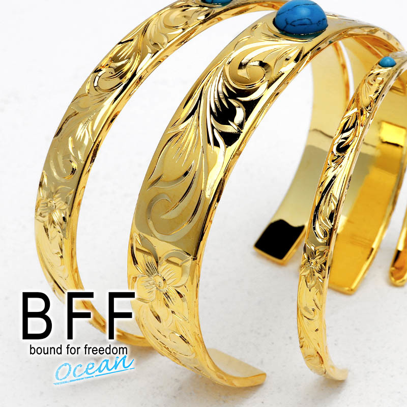 BFF ブランド ハワイアンバングル ターコイズ 幅4mm ゴールド 18K GP 平打ちバングル 腕輪 細身 メンズ レディース_画像8