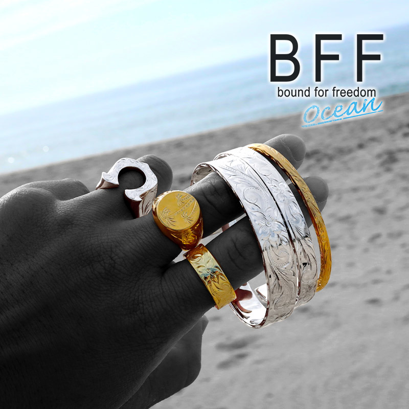 BFF ブランド プルメリア 幅8mm 平打リング ゴールド 18K GP 金色 マイレ 手彫り 専用BOX付属 (8号)_画像8