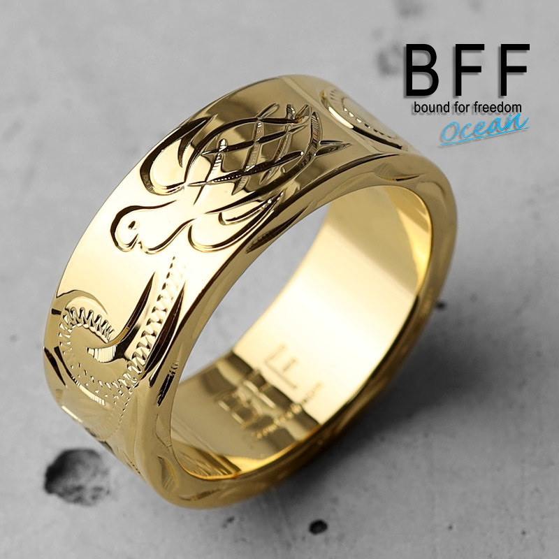 BFF ブランド タートル 幅8mm 平打リング ゴールド 18K GP 金色 ウミガメ 手彫り 専用BOX付属 (19号)_画像1