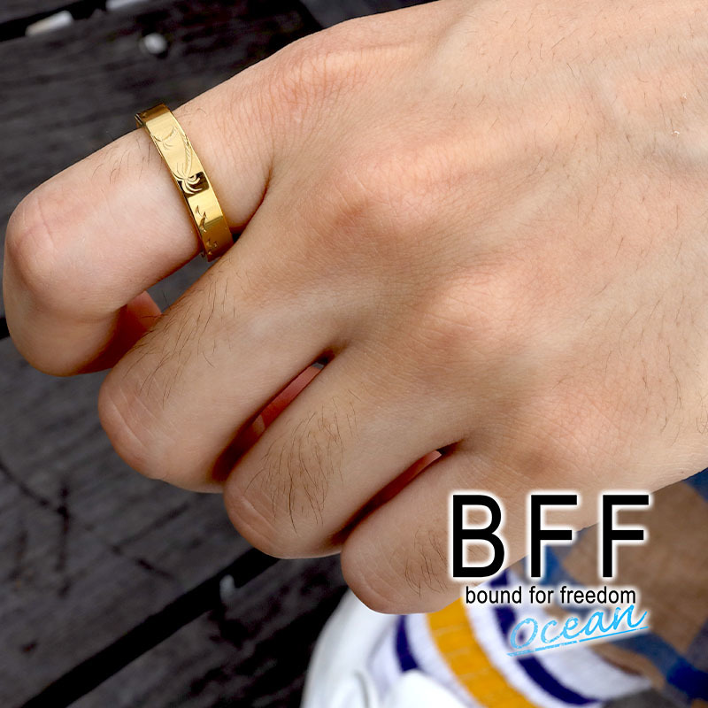 BFF ブランド パームツリー 幅4mm 平打リング ゴールド 18K GP 金色 ヤシの木 手彫り 専用BOX付属 (7号)_画像6