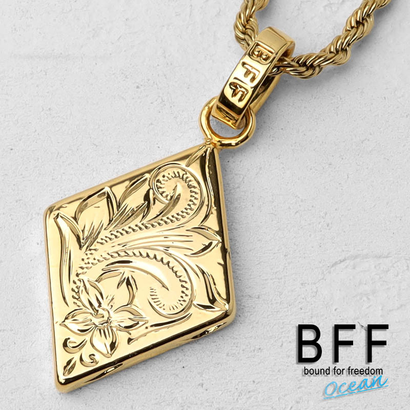 BFF ブランド ラムバスネックレス ゴールド 18K GP プルメリア ダイヤ 手彫り 専用BOX付属 (45cmチェーン)_画像1