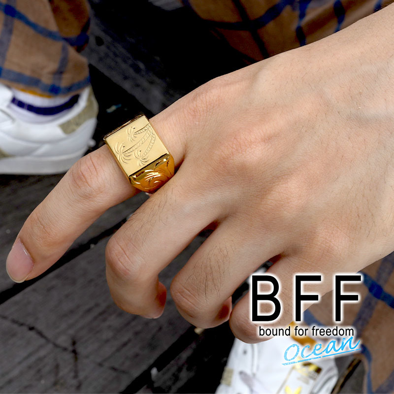 BFF ブランド パームツリー 印台リング ラージ ごつめ ゴールド 18K GP 金色 四角 手彫り 専用BOX付属 (14号)_画像8